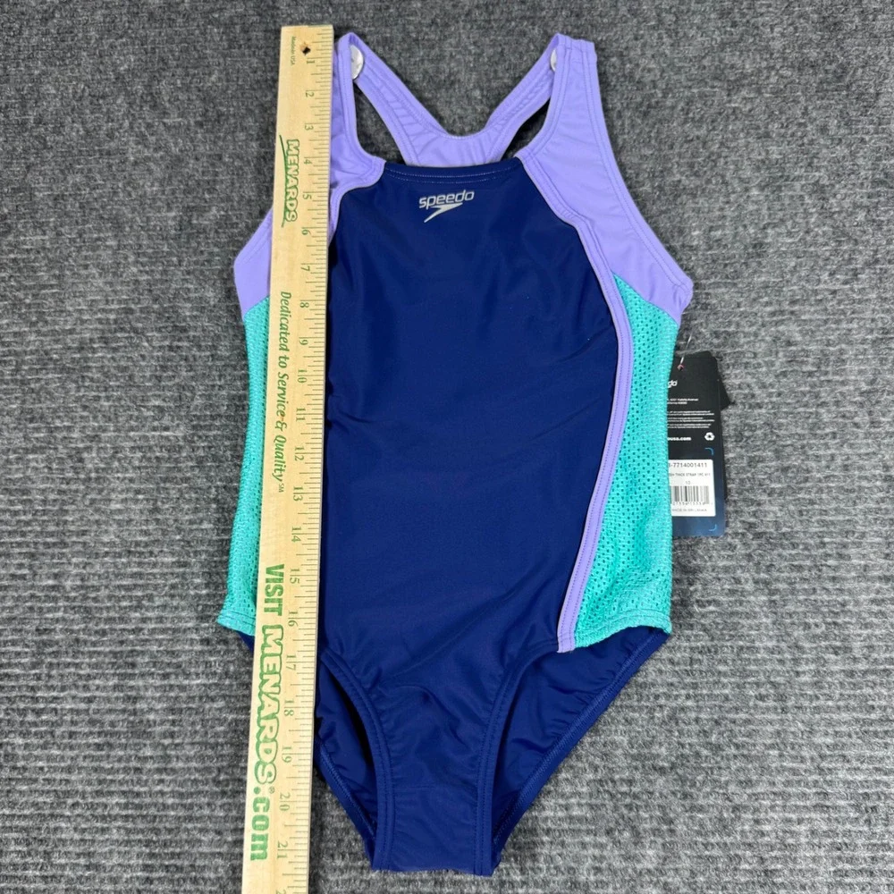 Speedo Girls Mesh Thick Strap One Piece Swimsuit Navy Purple Aqua Size 10 NWT